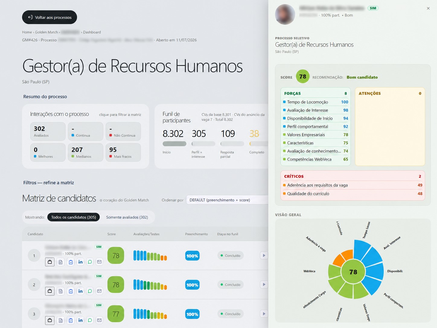 Ficha do candidato com Score, forças, pontos de atenção e visão geral em radar